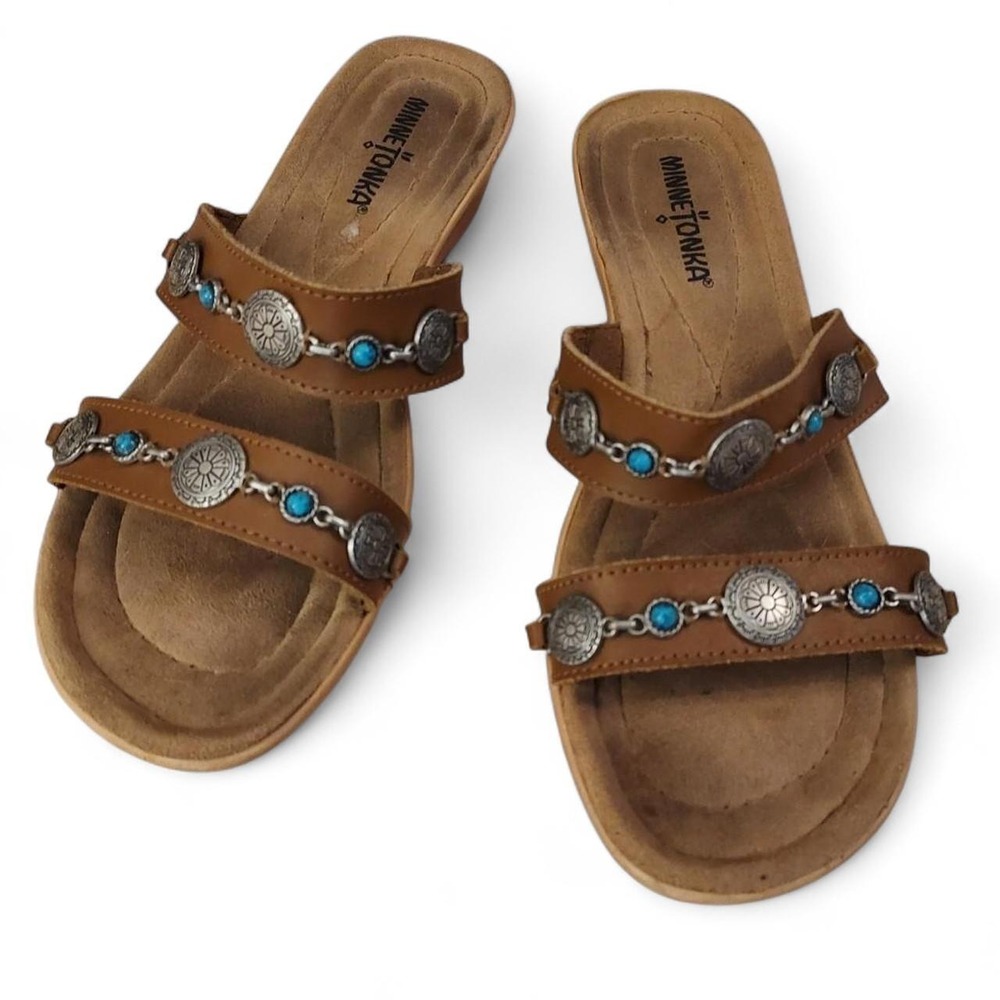 Minnetonka Brown leather sandals with southwest turquoise and silver details 7.5 - Picture 3 of 4